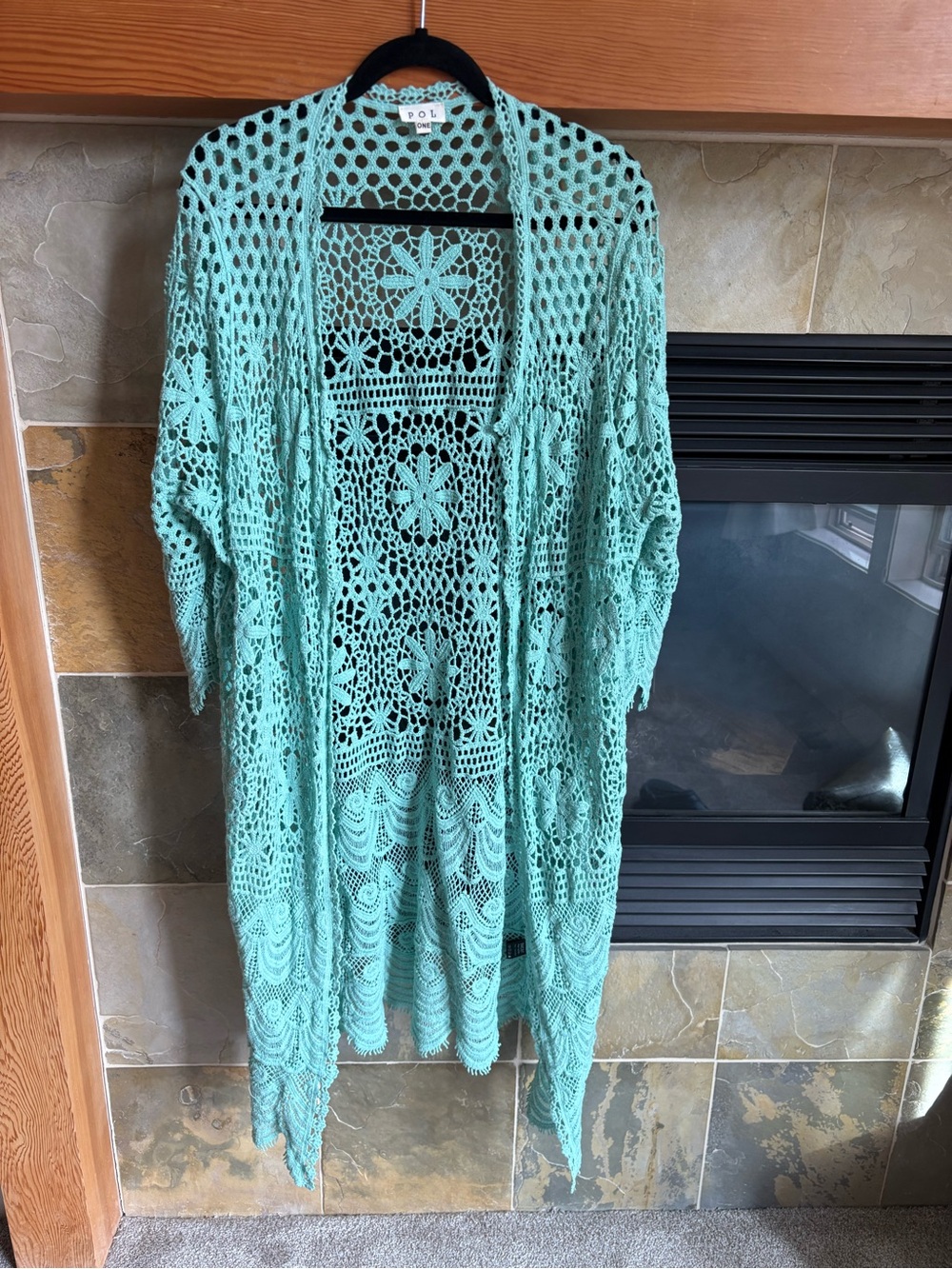POL Mint Openwork Crochet Duster Cardigan